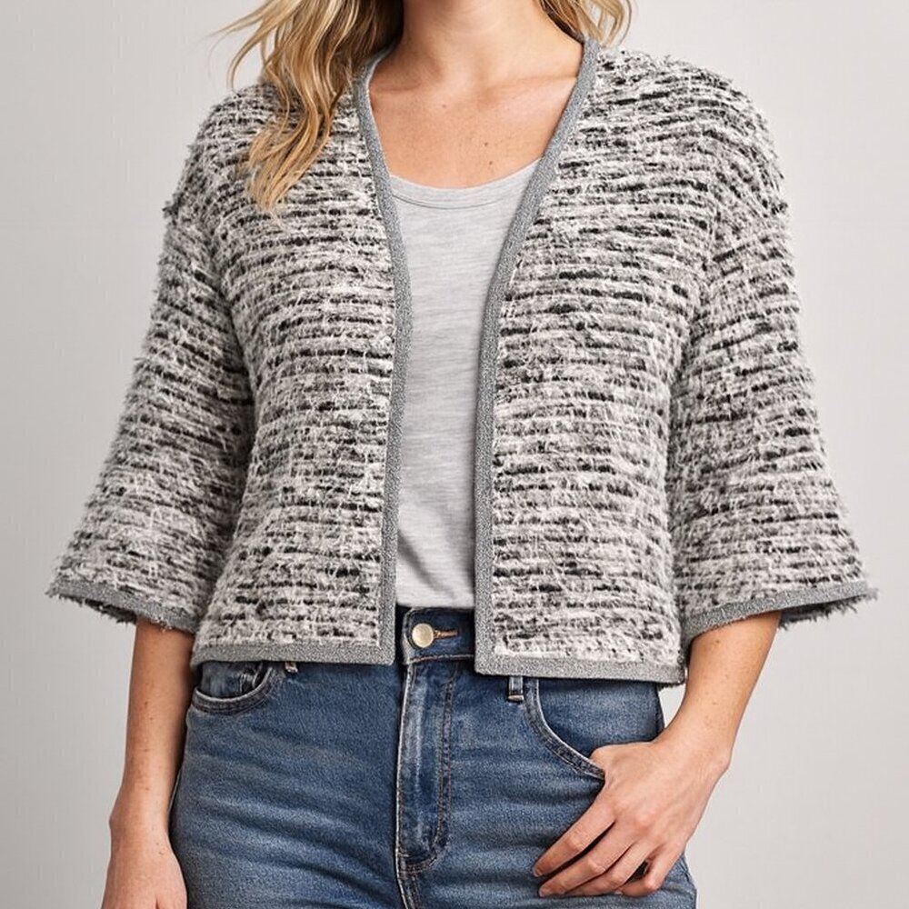 Anthropologie ottod’Ame Orage Fringe Cardigan Black White Open Front Italy 8